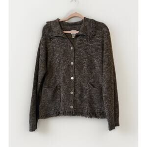 Chicos Fringe Brown Cardigan Sweater Size 3 Pearlescent Buttons US Size 16